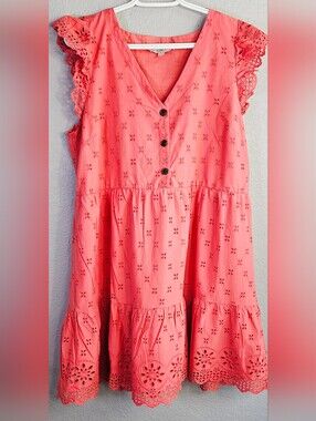 LOFT Size 14 Coral Eyelet Flutter Sleeve Dress